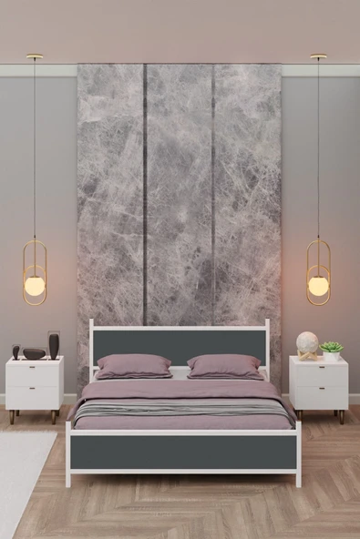 Metalia GM 305 Modern Çift Kişilik Ahşap Metal Beyaz Antrasit Gri Karyola 160X200 - Resim 3