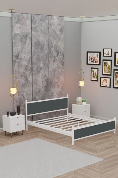Metalia GM 305 Modern Çift Kişilik Ahşap Metal Beyaz Antrasit Gri Karyola 160X200 - Resim 4