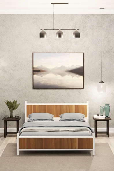 Metalia GM 305 Modern Çift Kişilik Ahşap Metal Beyaz Ceviz Karyola 150X200 - 3