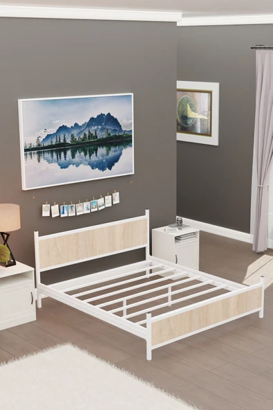 Metalia GM 305 Modern Çift Kişilik Ahşap Metal Beyaz Sonomo Karyola 150X200 - 4