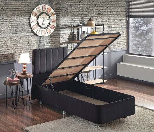 Niron Ela Baza ve Başlık Seti - 90x200 cm Tek Kişilik Siyah Kumaş Baza ve Başlığı Silinebilir Soho Kumaş