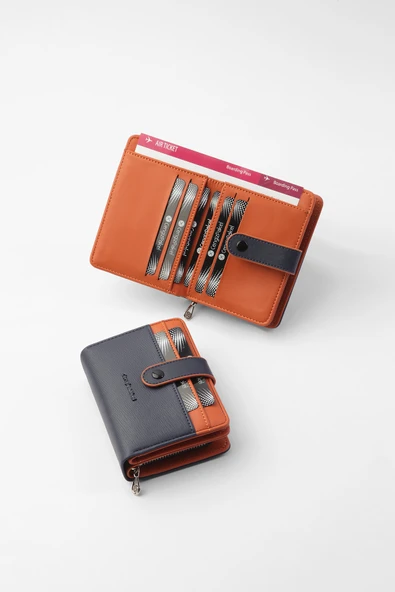 CENGİZ PAKEL Cengiz Pakel Kadın Mini Boy Çıt Çıt Detaylı Cüzdan – 65315 - Lacivert/Kiremit