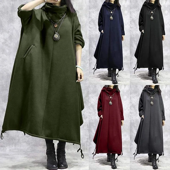 Günlük Sonbaharlık Tam Boy Panço Kadın Elbise ürün görseli 1