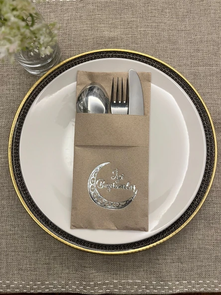 Gümüş Yaldızlı Kraft Ay Desenli İyi Bayramlar Cepli Peçete 12 lı ürün görseli 1