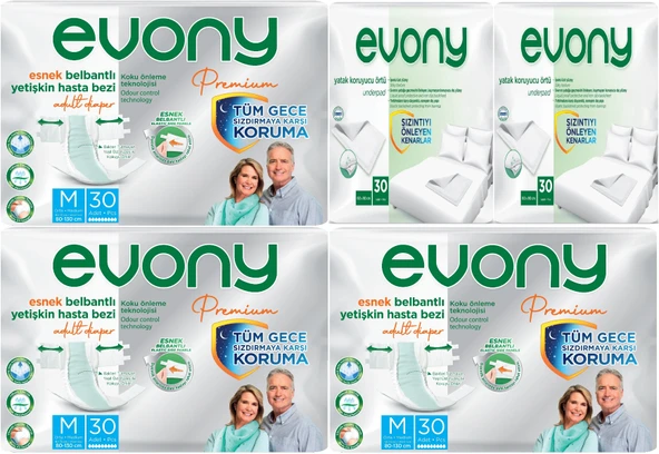 Evony Premium Hasta Bezi Yetişkin Bel Bantlı Tekstil Yüzey Orta 90 Adet+ Yatak Koruyucu Örtü 60 Adet
