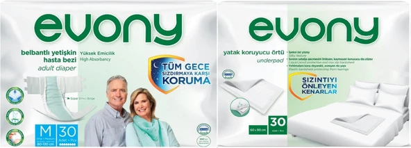 Evony Hasta Bezi Yetişkin Bel Bantlı Tekstil Yüzey Orta 30 Adet + Yatak Koruyucu Örtü 30 Adet