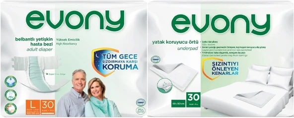 Evony Hasta Bezi Yetişkin Bel Bantlı Tekstil Yüzey L-Büyük 30 Adet + Yatak Koruyucu Örtü 30 Adet