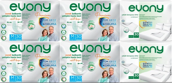 Evony Premium Hasta Bezi Yetişkin Bel Bantlı Tekstil Yüzey Orta 120 Adet+Yatak Koruyucu Örtü 60 Adet