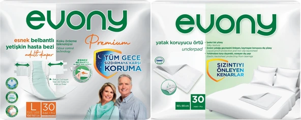 Evony Premium Hasta Bezi Yetişkin Bel Bantlı Tekstil Yüzey Büyük 30 Adet+Yatak Koruyucu Örtü 30 Adet