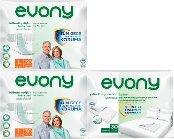 Evony Hasta Bezi Yetişkin Bel Bantlı Tekstil Yüzey L-Büyük 60 Adet + Yatak Koruyucu Örtü 30 Adet