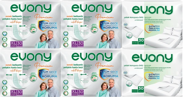 Evony Premium Hasta Bezi Yetişkin Bel Bantlı Tekstil Yüzey XL 120 Adet + Yatak Koruyucu Örtü 60 Adet