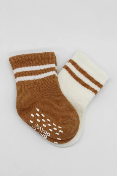 Çemberli Kaymaz Soket Çorap 2'li  Ekru Hardal - Resim 4