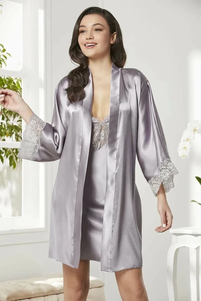 Pierre Cardin Saten Dantelli Gecelik Sabahlık Takım 4280 Royal - 5