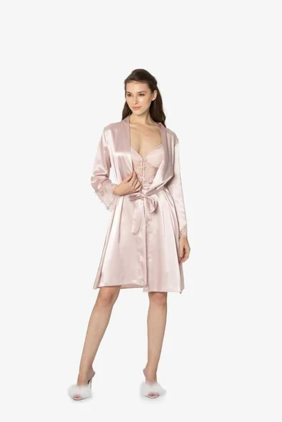 Pierre Cardin 2li Pudra Saten Kısa Gecelik Sabahlık 4300
