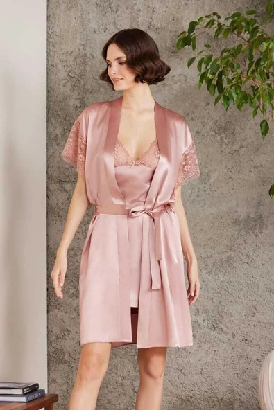Pierre Cardin Saten Dantelli Gecelik Sabahlık Takım 4438 brndy