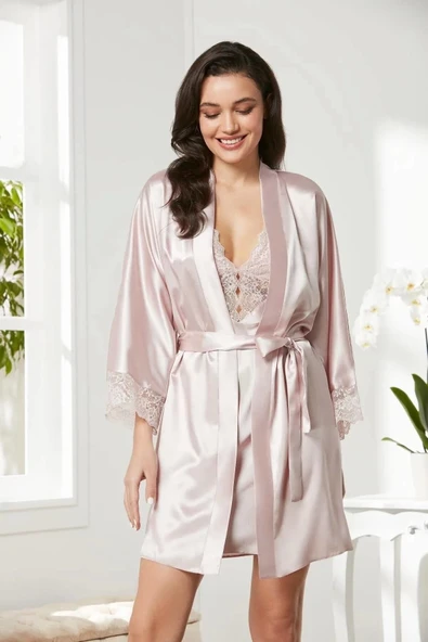 Pierre Cardin Saten Dantelli Gecelik Sabahlık Takım 4280 Pudra