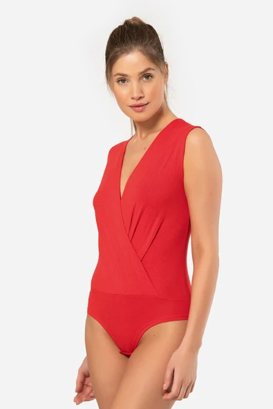 Türen Kruvaze Yaka Kolsuz Çıtçıtlı Body 3502/Kırmızı - 4