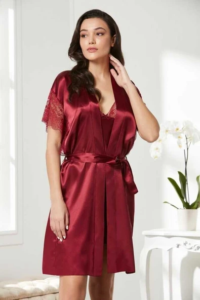 Pierre Cardin Bordo Saten Dantelli Gecelik Sabahlık Takım 4438 - 2