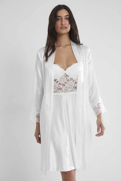 Pierre Cardin Ekru Sütyen Kaplı Sabahlık Gecelik Set 4265