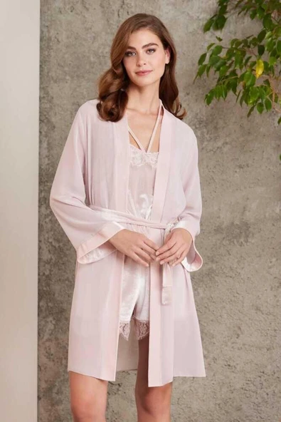 Pierre Cardin Dantelli Kadife Tulum Sabahlık Takım 4800 Pudra