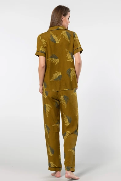 Türen Kadın Desenli Kısa Kol Dokuma Pijama Takımı 3604/Haki - 8