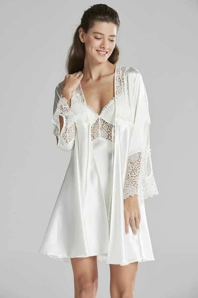 Pierre Cardin 6'lı Ekru Kaplı Midi Gecelik Sabahlık Set 6625 - 7