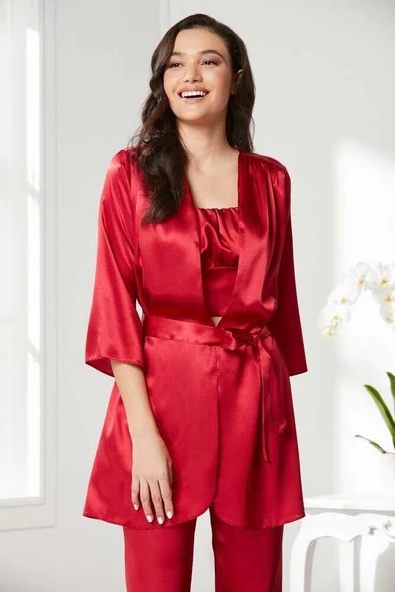 Pierre Cardin Kadife Saten 3'lü Pijama Takım 2075 Kırmızı - 2