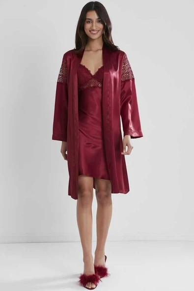 Pierre Cardin 6'lı Saten Gecelik Sabahlık Çeyiz Seti 6955 Bordo - 4