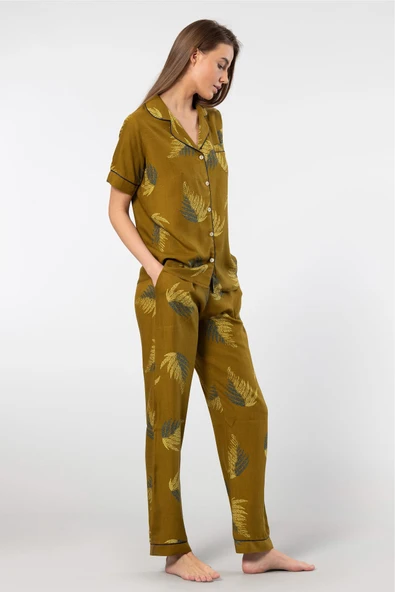 Türen Kadın Desenli Kısa Kol Dokuma Pijama Takımı 3604/Haki - 3