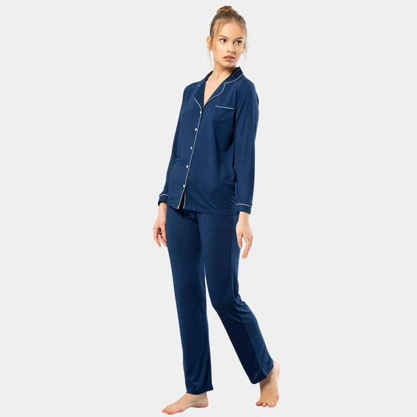 Türen Düz Uzun Kollu Gömlek Yaka Pijama Takım 3365/Lacivert