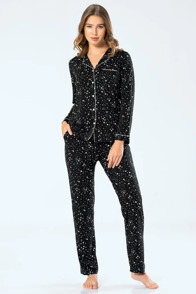 Türen Kadın Yıldızlı Uzun Kollu Gömlek Yaka Pijama Takım 3327/Siyah