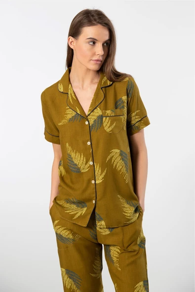 Türen Kadın Desenli Kısa Kol Dokuma Pijama Takımı 3604/Haki - 2