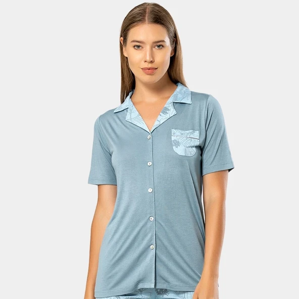 Yaprak Desenli Kısa Kol Pijama 3376/Mavi - 2