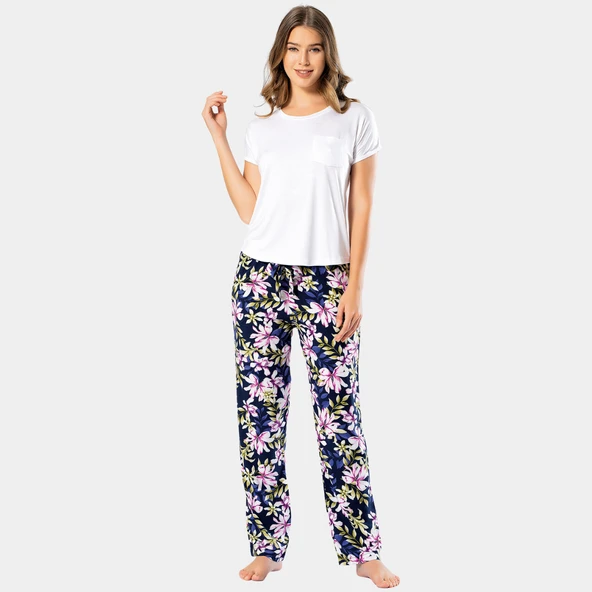 Türen Kadın Dokuma Çiçekli Kısa Kollu Pijama Takım 3336 - 3