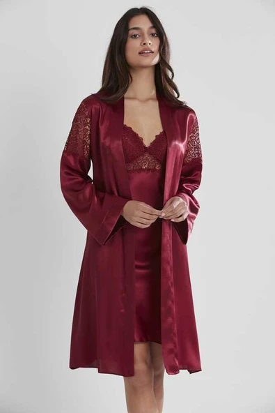 Pierre Cardin 6'lı Saten Gecelik Sabahlık Çeyiz Seti 6955 Bordo