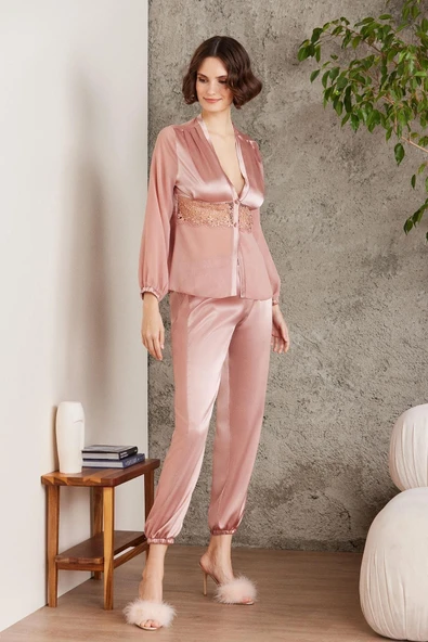 Pierre Cardin Saten Gecelik Sabahlık Pijama Şort 6'lı Gelin Çeyiz Seti brandy 6005 - 6