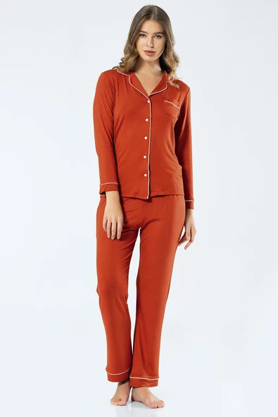 Türen Kadın Uzun Kol Gömlek Yaka Pijama Takım 3359/Kiremit