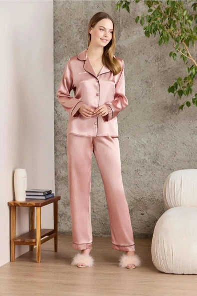 Pierre Cardin Saten Biyeli Pijama Takımı 1200 Brandy