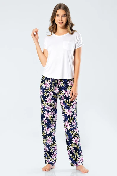 Türen Kadın Dokuma Çiçekli Kısa Kollu Pijama Takım 3336 - 5