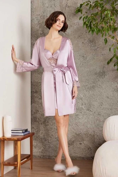 Pierre Cardin Saten Gecelik Sabahlık Pijama Şort 6'lı Çeyiz Seti 6000 Rose