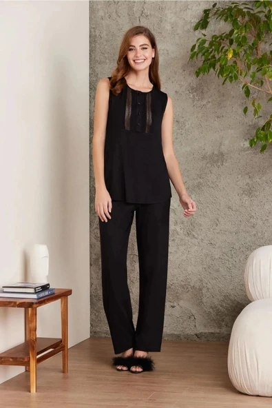 Pierre Cardin 2800 Kadın Siyah Dantelli Penye 3'lü Sabahlıklı Pijama Takım - 2