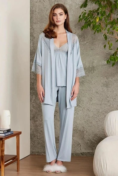 Pierre Cardin 2820 Kadın Mist Dantelli Penye 3'lü Sabahlıklı Pijama Takım - 4