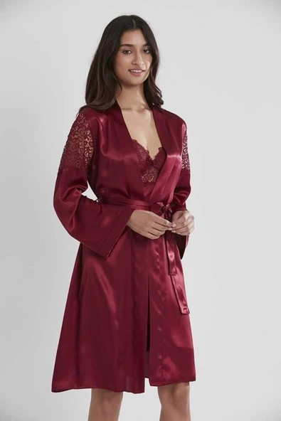 Pierre Cardin 6'lı Saten Gecelik Sabahlık Çeyiz Seti 6955 Bordo - 3