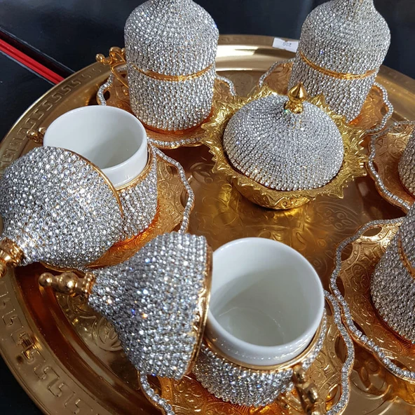 8'Li Gold Beyaz Kristal Taşlı Lokumluk Kahve Fincanı Set - 2