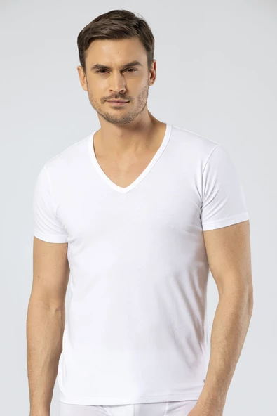 Cacharel Erkek Derin V Yaka Likralı T-shirt 1306/Beyaz