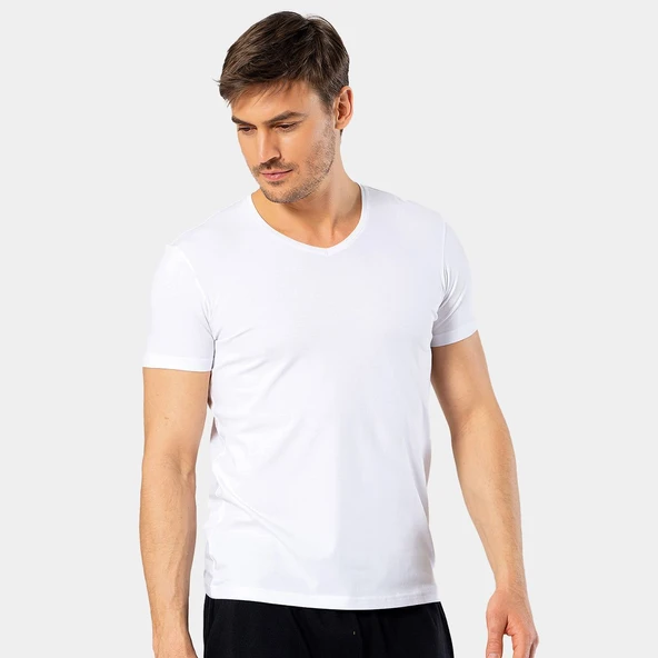 Cacharel Erkek V Yaka Likralı T-shirt 1332/Beyaz - 3