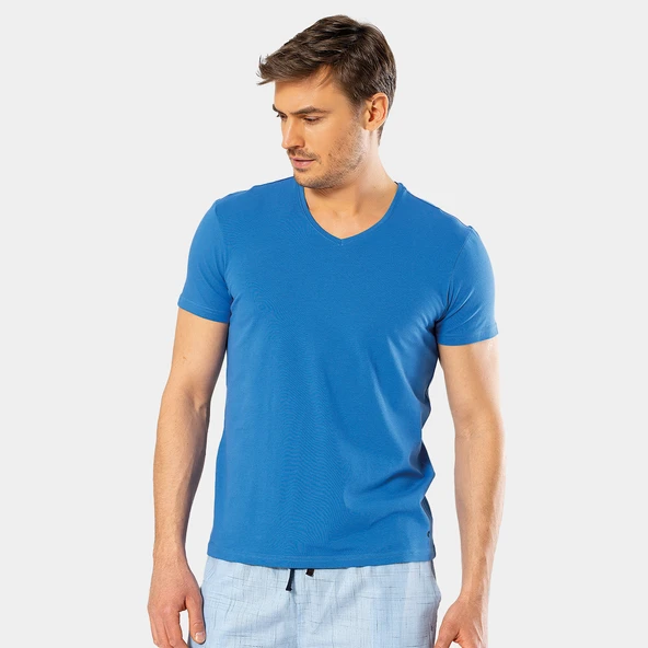 Cacharel Erkek V Yaka Likralı T-shirt 1332/Saks - 2