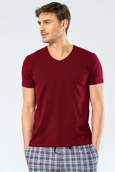 Cacharel Erkek V Yaka Likralı T-shirt 1332/Bordo