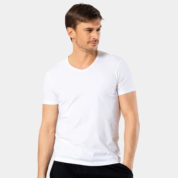 Cacharel Erkek V Yaka Likralı T-shirt 1332/Beyaz - 2