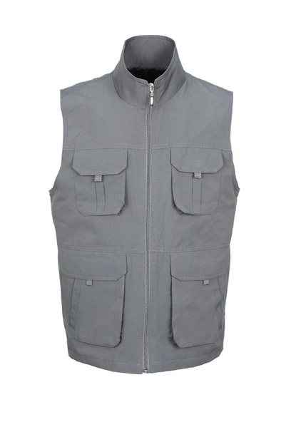 Yazlık Kumaş Yelek Gri Renk Dört Cepli Spor Model - 4